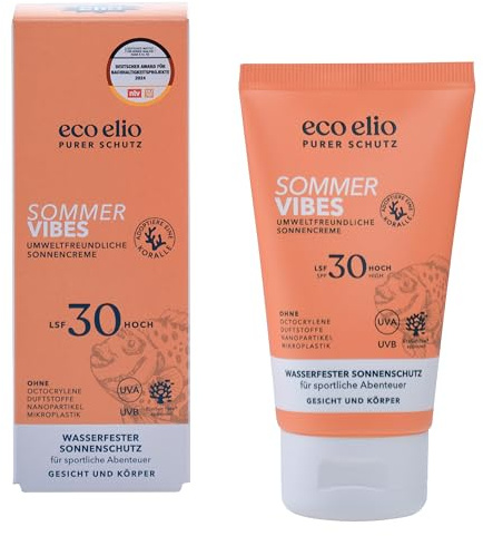 eco elio LSF 30 Sonnencreme 75ml Sommer Vibes Wasserfest ohne Octocrylene und Mikroplastik Kokosduft Sunscreen für Face und Körper