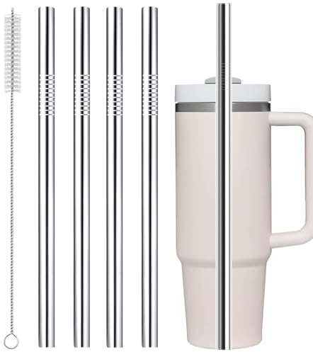31cm Stainless Steel Straws Replacement for Stanley Adventure Quencher 40 oz 30 oz Cup Tumbler, 4 Pack Metal Straws Reusable with Cleaning Brush for Stanley 40 oz & Simple Modern Tumbler with Handle