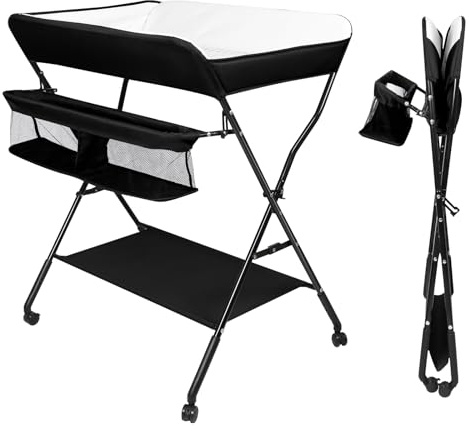 XANNI - Mesa de cambio ajustable en altura con 4 ruedas - Estación cambiador portátil plegable con cesta, tela Oxford, ligera y móvil para cambios, masajes