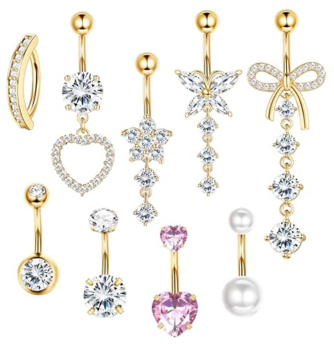 LOLIAS 9PCS 14G Piercing Nombril Acier Chirurgical Piercing au Nombril Argent Pendants Piercing Nombril Anneau 10MM