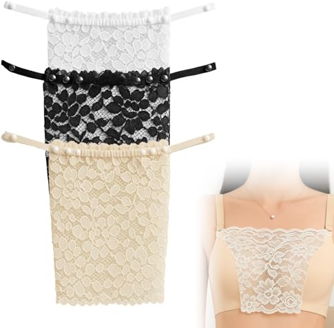 EUYKQNOI Cache Décolleté Femme Dentelle 3 Pièces - Bandeau Anti-Décolleté Modeste avec Motif Fleuri Noir/Blanc/Beige - Soutien-Gorge Invisible pour Robes, Tops et Mariages (Taille Unique)