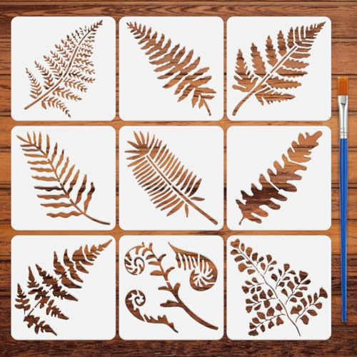 FINGERINSPIRE 9 st ormbunksblad målning stencil med borste 15 x 15 cm olika typer av ormbunke bladmönster rita mall växter tema gör-det-själv dekoration schablon för målning på trä vägg tyg möbler