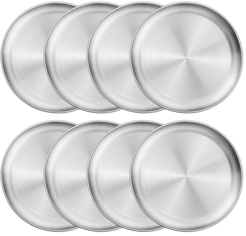 LIANYU Stainless Steel Plate Set of 8, Unbreakable Kids Toddler Dinner Plates, 8 Inch Round Metal Dishes for Outdoor Camping Hiking, Party Serving, Feeding, Non-Toxic & Healthy