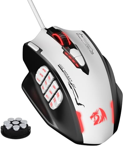 Redragon M908 Impact MMO spelmus trådbunden RGB 24000 DPI | Ergonomisk optisk hög precision 18 makroknappar bekvämt handtag svart vit