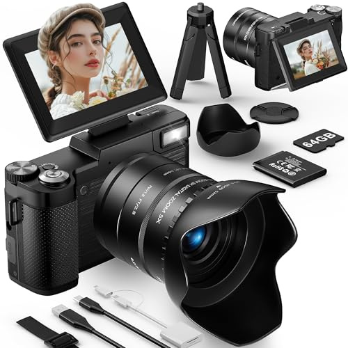 Longyi 6K Digital Camera, 75MP Cameras for Photography with 8X Optical Zoom & Tripod, Anti-Shake Vlogging Camera with 3 180° Flip Screen, 64GB Card, Card Reader, Vlog Travel Cameras for Youtubers