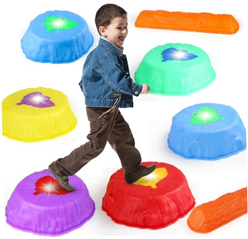 8 pezzi/set pietre miliari per bambini con trave di equilibrio, pietre impilabili antiscivolo colorate in ABS con luci a LED, attrezzature da gioco all'aperto per bambini, giocattoli sensoriali per l