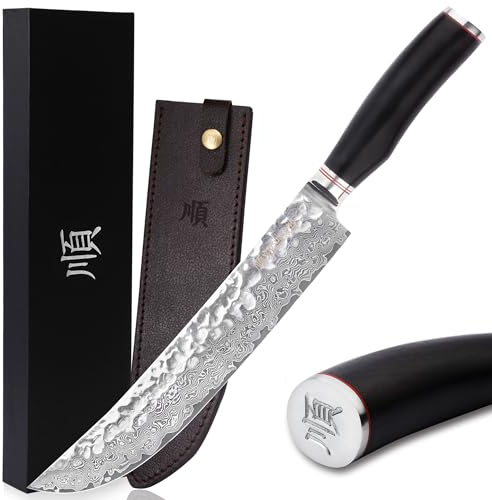 YOUSUNLONG Coltello da macellaio pialla da 25,4 cm con manico in legno di ebano naturale martellato giapponese in acciaio di Damasco