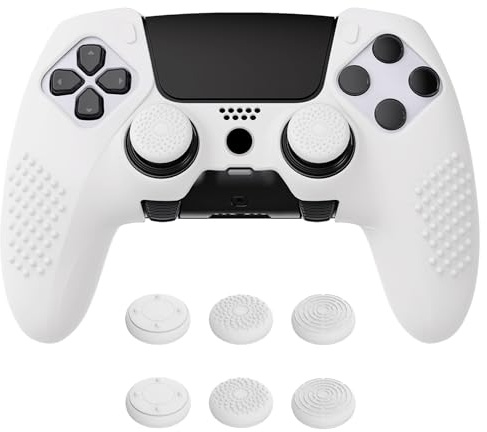 PlayVital Funda de Silicona Antideslizante para ps5 Edge - Carcasa Protectora con 6 Tapas de Joysticks, Cubierta de Goma Tacto Suave, Protector de Mando, Diseño 3D Tachonado (Blanco)