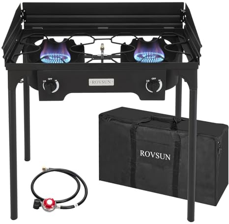 ROVSUN 2 Burner Outdoor Propane Gas Stove with Windpanel, Carrying Bag & Regulator, 150,000 BTU Stand Cooker for Backyard Cooking Camping Home Brewing Canning Turkey Frying