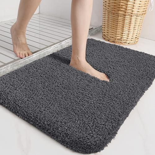 DEXI Badematte rutschfeste 40 x 60 cm, Badteppich Waschbar, Absorbierende weicher Badezimmerteppich, Mikrofaser Badvorleger für Dusche,Badewanne und Waschbecken, Dunkelgrau