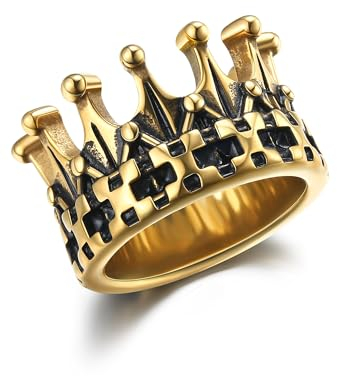 GTHIC Edelstahl Königreich Kronen Ringe für Frauen Männer Punk Königin Ritter herrschsüchtige Ringe Goldton Statement Ringe Gothic Schmuck, Größe 10