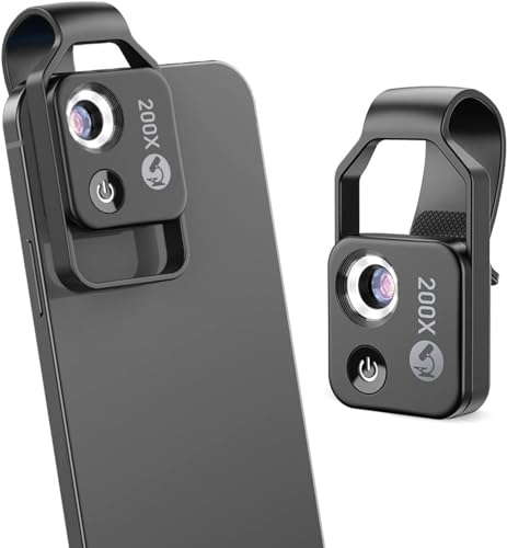 Microscopes de Téléphone de Poche, Zoom 200X à Clipser, Loupe avec Objectif CPL et Lumière LED, Lentille Microscopique Portable pour Smartphone à 90%, Microworld pour Enfants et