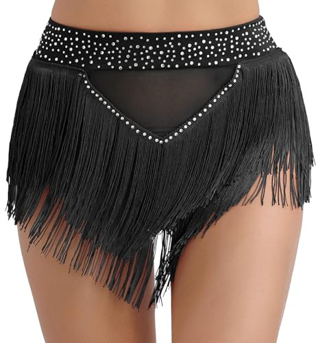 YiZYiF Gonna da Ballo Latino Americano Donna Ragazza Abito con Frange Nappa Vestito Danza Moderna Rumba Samba Tango Ballo da Salsa Gonna da Danza del Ventre Ballerina Nero C S