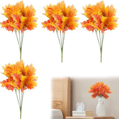 4 Bunches Artificial Maple Leave Branches, Autumn Artificial Maple Leaf, Autumn Leaves Decorations, Fall Decorations for Fall Vase Decoration Indoor Home Shrubs Wedding Thanksgiving Party