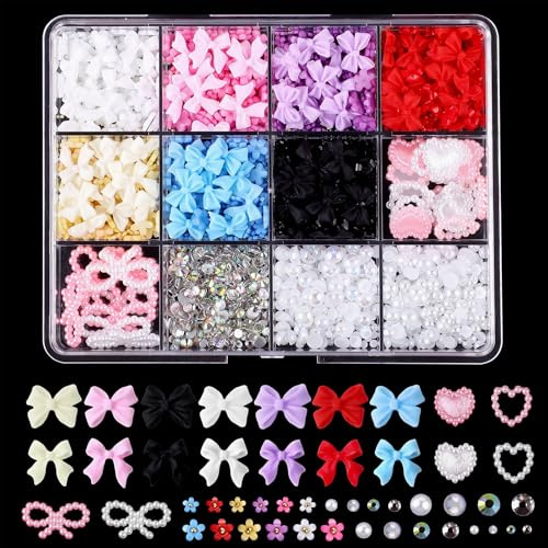 1 000 stycken 3D-nageldekorations-set, nagelberlock rosett, kärleks-hjärtblomma, nagelberlocker med pärlor, nagelkonstdekorationer för nagelkonst hantverk och dekoration
