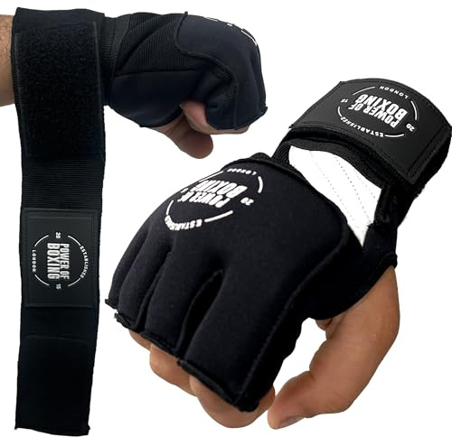 POWER OF BOXING Gel Boxing Wraps, Hand Wraps Boxing Inner Gloves with 95cm long Wrist Straps, Boxing Hand Wraps Men & Women for Martial Arts MMA, Muay Thai, Kickboxing (Polyester, Black) (XS/S)