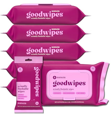 goodwipes Flushable Butt Wipes - Vitamin E & Aloe - Sewer & Septic Safe - Extra Large Adult Wet Wipes For Women & Men - Bathroom Essentials - Rosewater, 318 Count (6 Packs + 1 Travel)