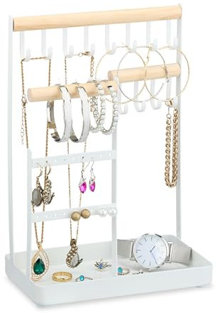 Relaxdays Porte-Bijoux, Rangement pour Colliers et Boucles, présentoir à Bijoux en Bois et métal, Blanc/Naturel