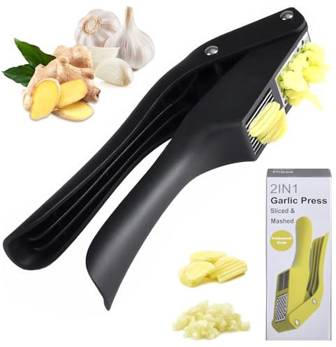 Moorstdel 2 In 1 Knoblauchhacker und Schneider, Knoblauchpresse aus Edelstahl – Premium-Knoblauchwolf,Leicht zu Drücken, mit Ergonomischem Griff,rutschfest, Bequem und Leicht zu Reinigen (Schwarz)