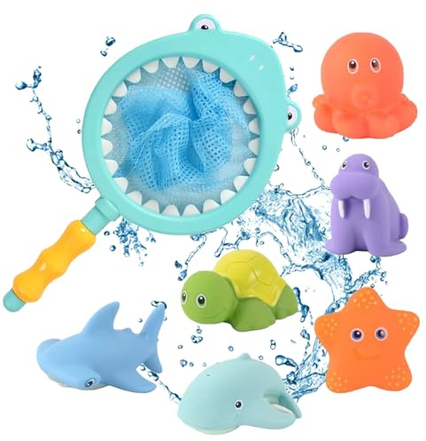 Giocattolo da Bagno per Bambini 1+ Anno,Giocattoli da Bagno con Cambio di Colore e Spruzzo d’Acqua,Set con Animali Marini e Retino da Pesca