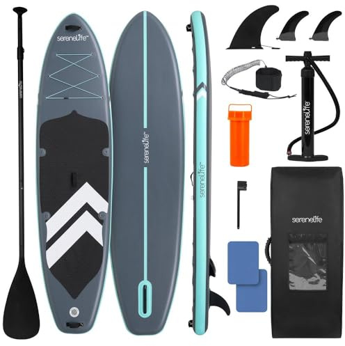 SereneLife uppblåsbar SUP – familje paddleboard med säte för 2 vuxna och 1 barn – Stabil design med halkfri EVA-däckmatta, premium SUP-tillbehör, 450 lbs kapacitet