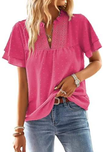 TUUHAW Blusas Mujer Verano Camiseta Manga Corta Mujer Fucsia L