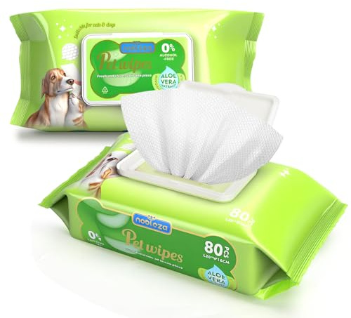 Nobleza 160 unidades Toallitas Higiene para Perro y Gato, Toallitas Limpiadoras Hipoalergénicas de Aloe Vera para Mascotas, Limpiar y Eliminar olores de Patas, Cuerpo y Trasero, Sin Alcohol, Pack de 2