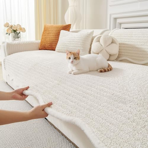 WTHAVEN Couch Covers for Dogs, Washable Non Slip Couch Cushion Covers, Fuzzy Sofa Protector, Friendly Dog Couch Cover Mat for Pet and Kids(Off-White, 90x160cm/35.4 x63)