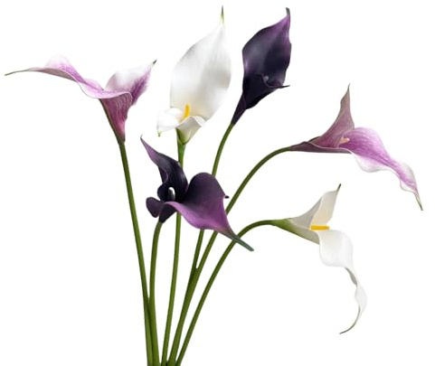 Flores artificiales de lirio de cala, flores de látex de tacto real, flores artificiales de tallo largo para bricolaje, ramo de boda, fiesta, hogar, centros de mesa (6, blanco morado)