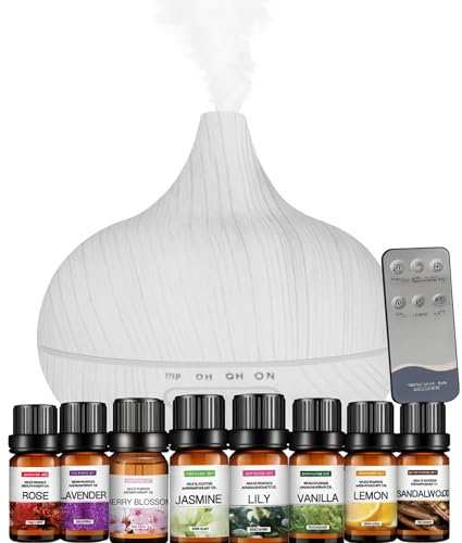 Nest & Nibble 500ML Essential Oil Diffuser & 8 Oils | Ultrasonic Cool Mist Aroma Diffuser | Remote Control, LED Light, Humidifier for Home, Bedroom, Office, Spa & Wellness Gift (White)