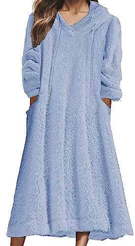 Duohropke Abito maglione da donna, vestito invernale, autunno, inverno, a maglia, in peluche, con cappuccio, pile, a maniche lunghe, pullover, casual, vestito pigiama con tasche, felpa con cappuccio
