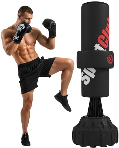 SPORTNOW 5.7ft Freestanding Punching Bag, Heavy Boxing Bag with Stand for Adults, Boxing Equipment with Height Adjustable Strike Pad, Hand Wrap, Suction Cup Base for Karate Taekwondo MMA Kickboxing