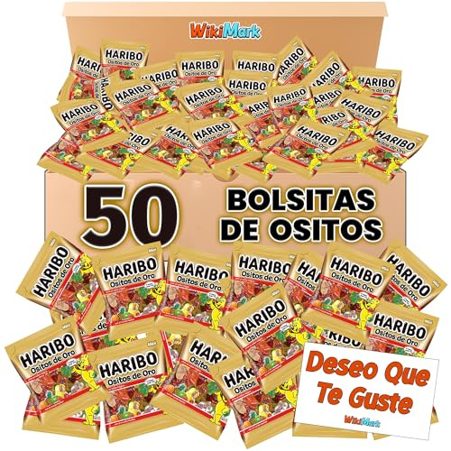 Lote 50 Mini Bolsitas Ositos de Oro Haribo con Tarjeta WikiMark Deseo que Te Guste. Bolsitas de Gominolas Haribo Perfectas para Regalar en Cumpleaños, Halloween, Comuniones o Navidad.