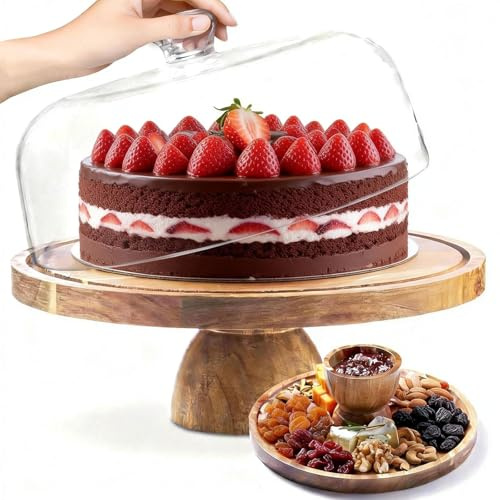 12 Cake Stand with Dome Lid, Wooden Cake Board with Acrylic Dome Cover | 2-in-1 Dessert Table Display Set & Cheese Board, Acacia Wood Cake Display Stand for Birthday, Wedding, Party, Baking Gifts