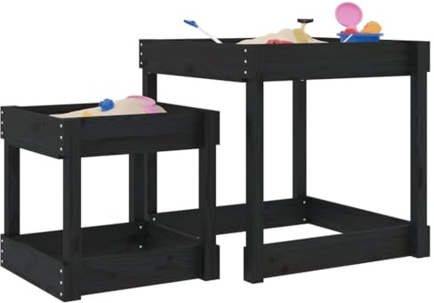 GeenYuu Lot de 2 tables de jeu de sable noires en pin massif, grande et petite table de jardin pour enfants, appareil de jeu d'extérieur pour sable, eau, plage, été et loisirs