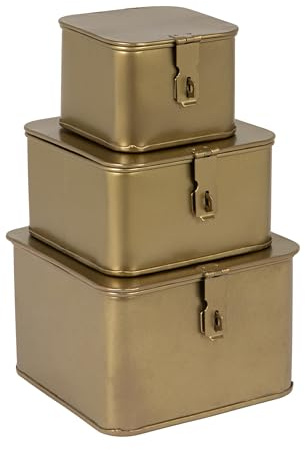 Creative Co-Op Square Decorative Metal Boxes with Gold Finish (Set of 3 Sizes)