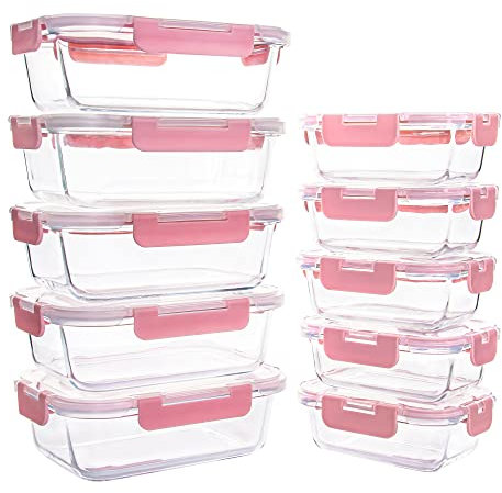 YARYOUNG 10 Pack Glass Food Storage Containers, Glass Meal Prep Containers with Lids Leak Proof, Microwave & Freezer Safe (34oz & 12oz)