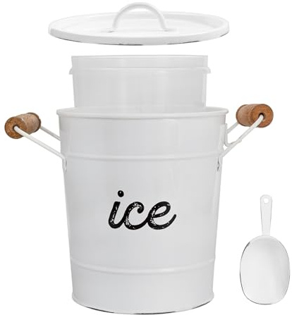 AuldHome Design Rustic Enamelware Ice Bucket; White Farmhouse Style Insulated Ice Server
