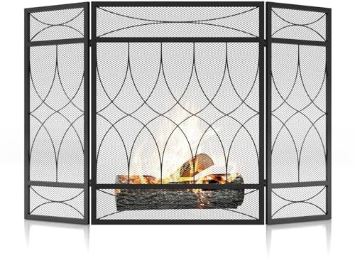 SCENDOR GARDEN Kaminabdeckung 3-teiliges Schmiedeeisen 128.5CM (L) x 81CM (H) moderner stilvoller Faltbarer Sicherheits-Kaminzaun Funkenabweiser Schwarz