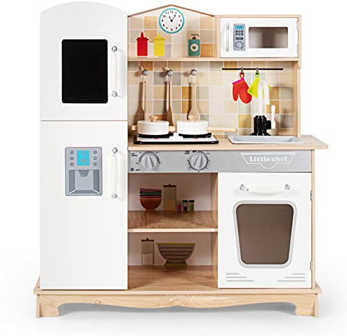 Maxmass Kids Wooden Kitchen, Pretend Play Toy Kitchen with Light & Sound, Stove, Oven, Microwave, Ice Maker, Sink, Cookware Utensils, Little Chef Cooking Role Playset for Boys Girls