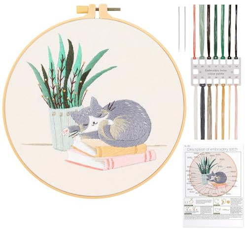 JSRQT Gatto Kit Ricamo Starter,Set da Ricamo Punto Croce per Principianti, Embroidery Starter per Adulto Principianti