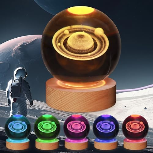 JHXLAMP Sistema solar 3D bola de cristal luz nocturna, bola de cristal de 3,15 pulgadas, 7 colores cambiantes para dormitorio, lámpara de decoración,regalo de cumpleaños para niños, niñas