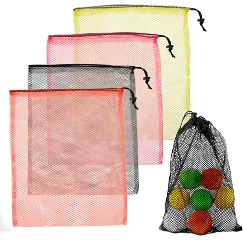 COMNICO Ballnetz für 10 Bälle, 4 Stück Netz-Sporttasche Netz für Schlafsack Bälle Beutel mit Kordelzug Tragbare Aufbewahrungstasche Faltbare Ballnetz für Fussball Kinder Erwachsene Yogaball Ballsack