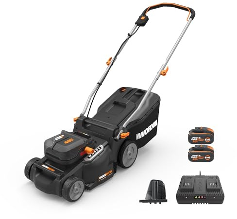 WORX Nitro 16 Cordless Lawn Mower, 2 in 1 Electric Mower with with Brushless Motor, Lightweight Push Lawn Mower for 1/4 Acre, 2 Batteries & Charger Included, WG737