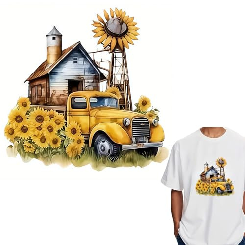 Vintage Truck Sunflower House Christmas Iron On Transfers for T-Shirts Rub on Transfers Stickers Vinyl Ready to Press Stickers Iron on Decals for T-Shirts Clothing Hoodie DIY Crafts