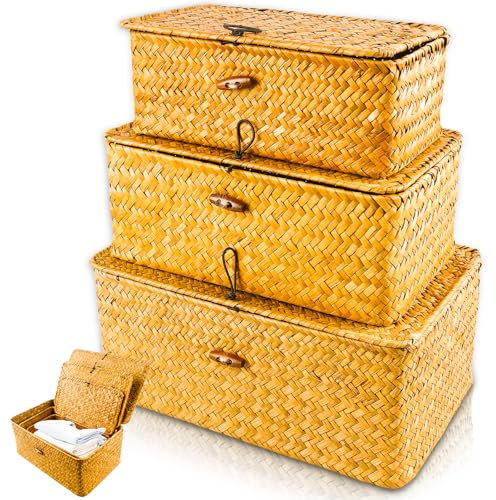 3 cestas de almacenamiento de ratán, cestas de almacenamiento con tapa, cesta de almacenamiento de ratán trenzado, rectangulares, de algas marinas naturales, para salón, baño y cocina