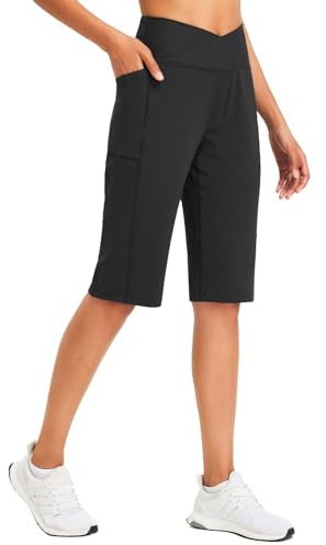 baleaf Women's Bermuda Long Shorts 14 Knee Length Capri Pants High Waisted Athletic Shorts with Pockets Summer Casual Black L