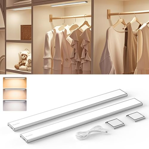 Quntis 40cm Under Cabinet Kitchen Lights, 2Pack 186 Led Wardrobe Lights with Motion Sensor, 3-Color 2500mah Battery Rechargeable Wireless Strip Lamps Stick On Cupboard Wall Ceiling Indoor Stairs Loft