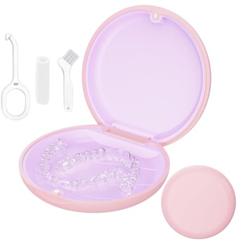 Tandställslåda tandskena, låda kompatibel med Invisalign, Retainer Case med borttagningsverktyg & Aligner Chewies& borste, avtagbart inre fack av silikon (rosa)