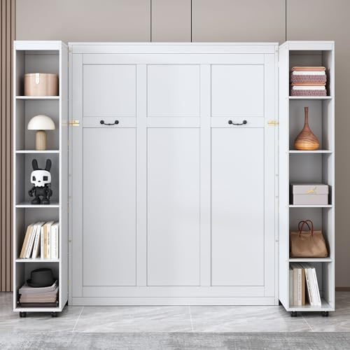 VilroCaz Queen Murphy Bed Wall Bed with Push-Pull Storage Cabinets on Both Sides, Foldable Wood Bedframe with Hydraulic Lift System, Space-Saving (White-6.11)